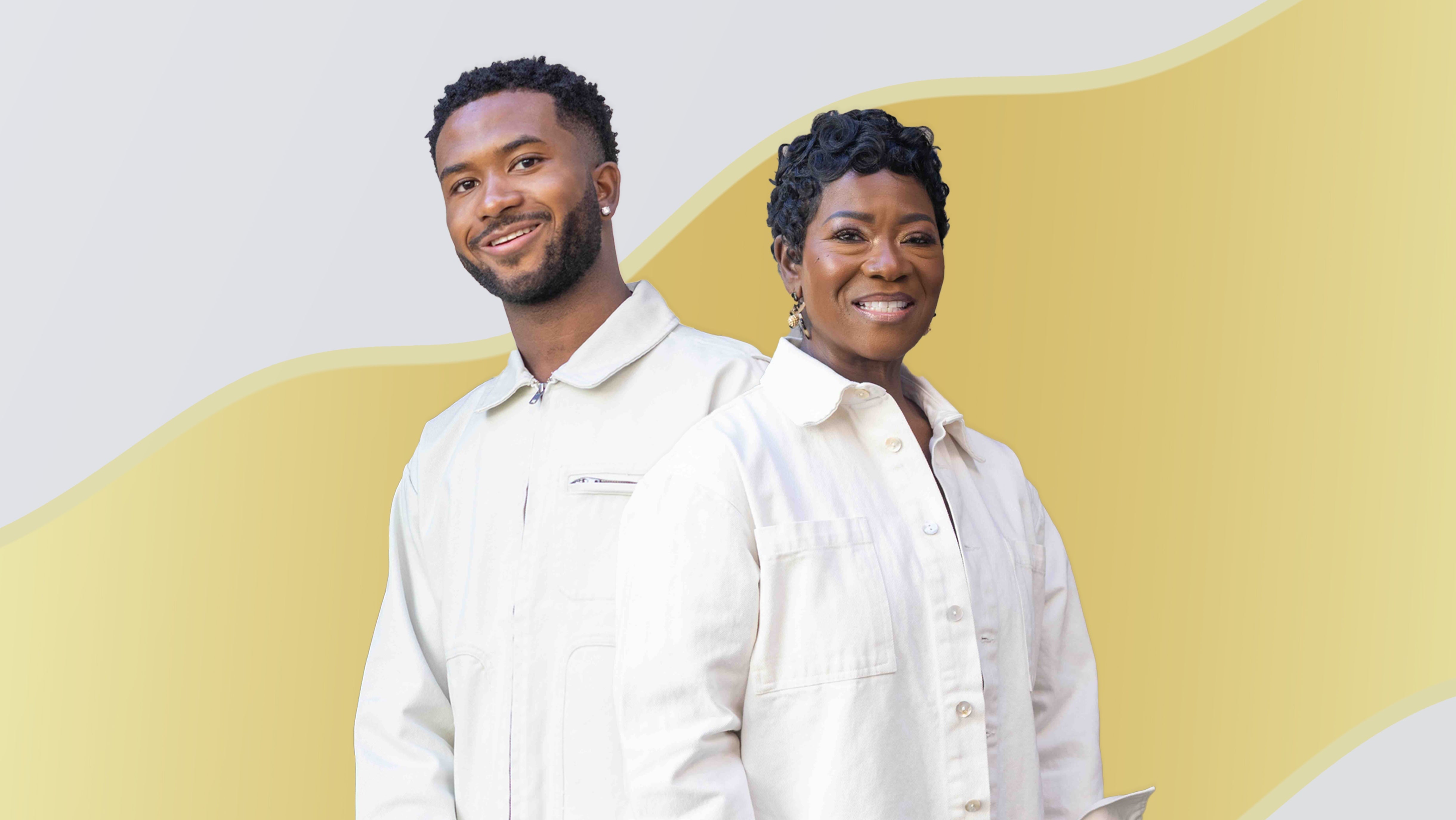 Two people standing side by side against a yellow and white abstract background