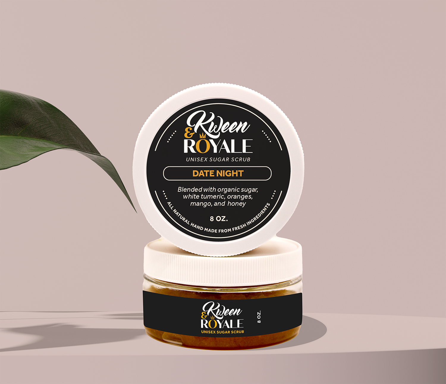 Kween Royale sugar scrub jar with lid on a neutral background