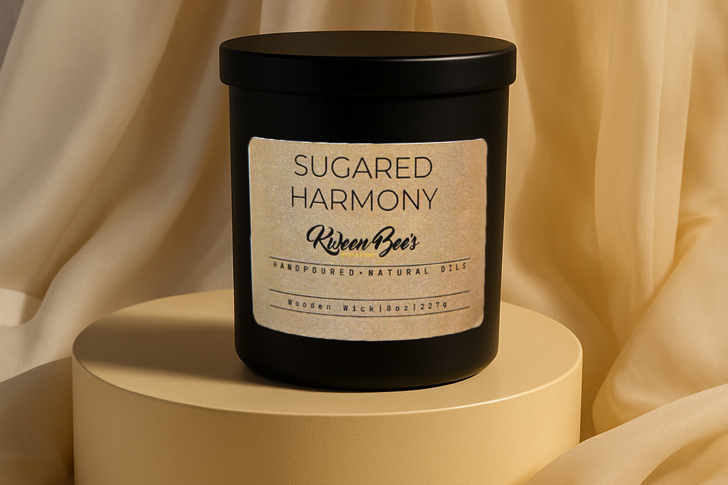 Candle labeled 'Sugared Harmony' by Kwen Bees on a beige pedestal with draped fabric background